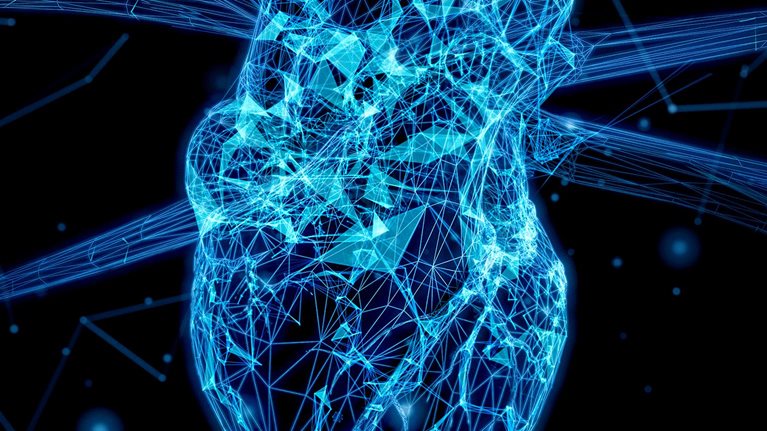 Abstract plexus heart on a black background.