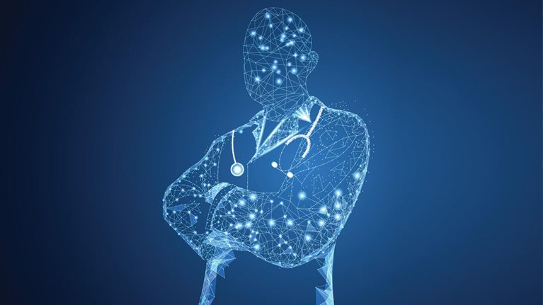 A digital wireframe of a doctor against a dark blue background