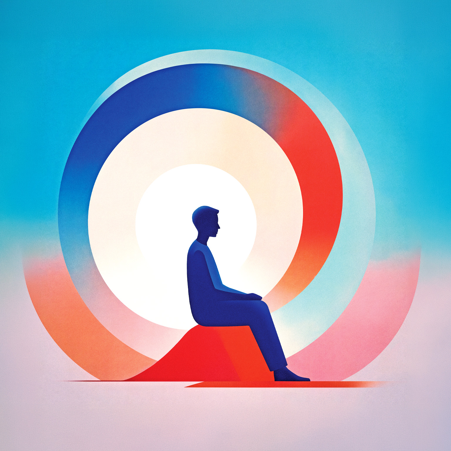 An illustration featuring the blue silhouette of a person sitting in profile against an abstract background. They are centered within large, swirling concentric circles of crimson, white, and blue, evoking a sense of calm and introspection.