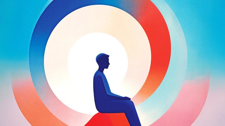 An illustration featuring the blue silhouette of a person sitting in profile against an abstract background. They are centered within large, swirling concentric circles of crimson, white, and blue, evoking a sense of calm and introspection.