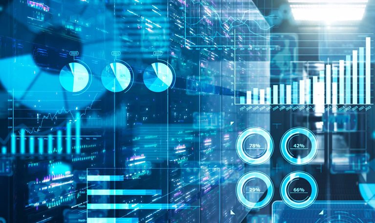 Futuristic server room with flowing digital data in the air. - stock photo