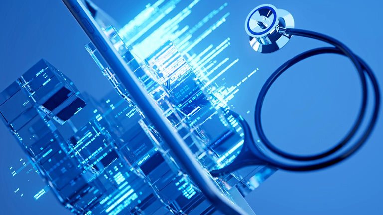 A stethoscope wraps around a smartphone surrounded by glowing digital structures and data-like patterns, representing the integration of AI