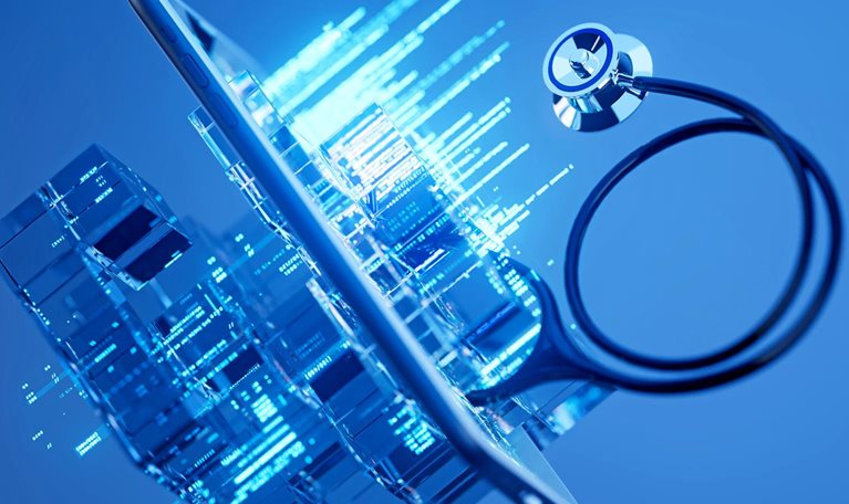 A stethoscope wraps around a smartphone surrounded by glowing digital structures and data-like patterns, representing the integration of AI