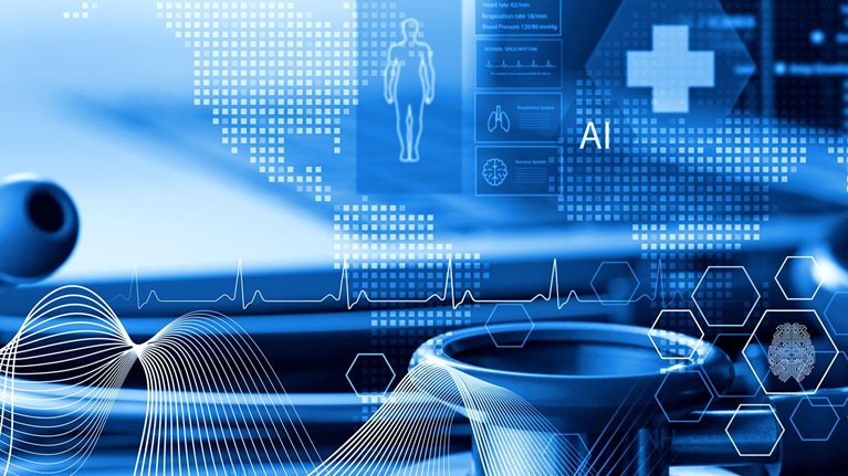 Stethoscope and laptop computer with medical technology symbols overlayed
