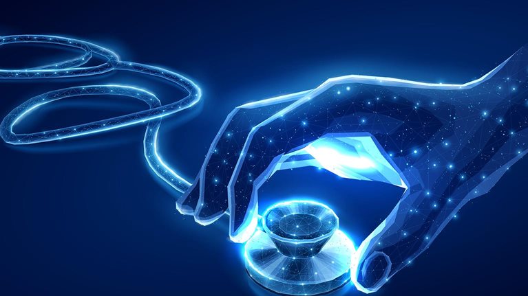 An illustration of a digital hand picking up a digital stethoscope