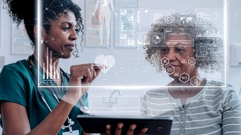 Nurse showing a patient medical data on a tablet with digital health interface overlays in a clinic.