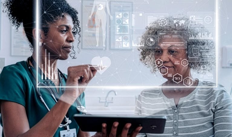 Nurse showing a patient medical data on a tablet with digital health interface overlays in a clinic.