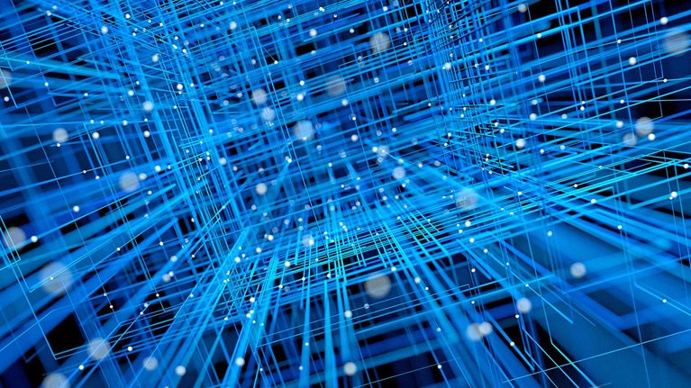 Technology background image, lines converging into center point with dots dancing around the edges. - stock photo