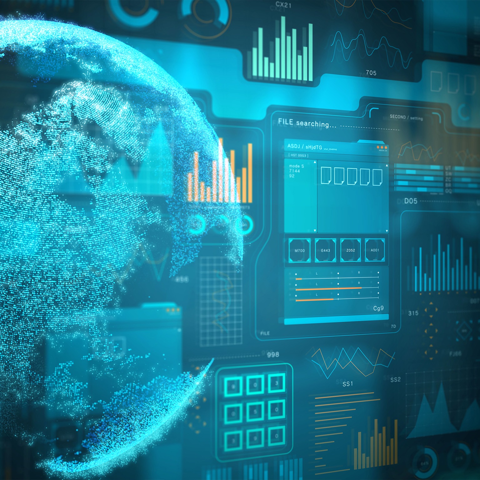Glowing particle earth and graphical user interface data panel on a dark background.