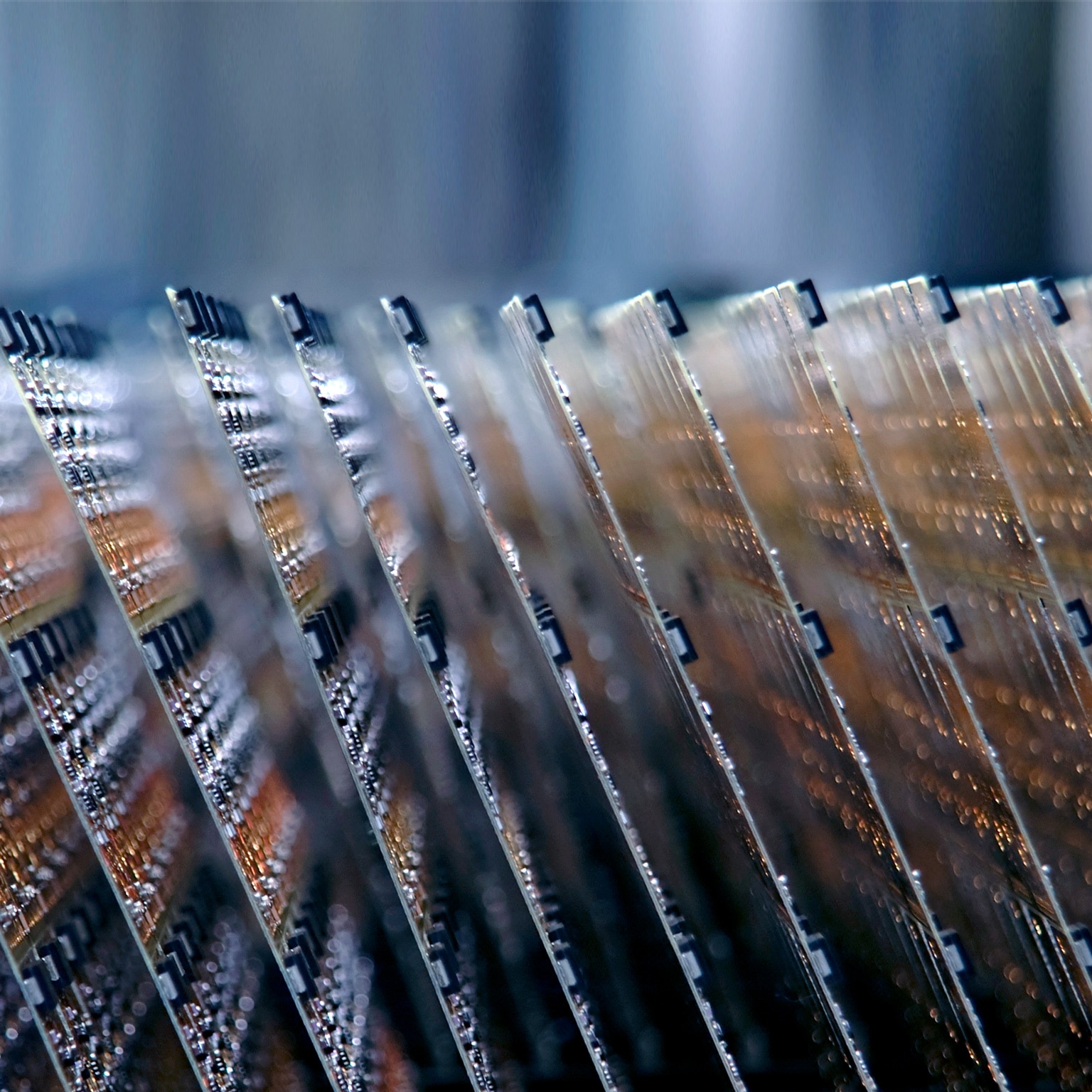 Electronic circuit boards stacked on an assembly line
