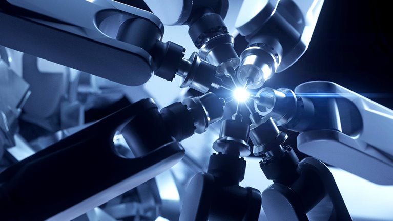 Digitally generated image of multiple robotic arms operating together in unison on one object