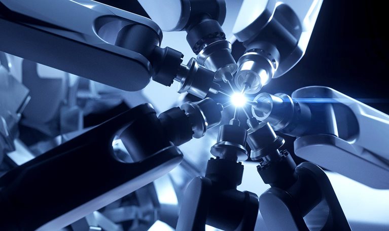 Digitally generated image of multiple robotic arms operating together in unison on one object