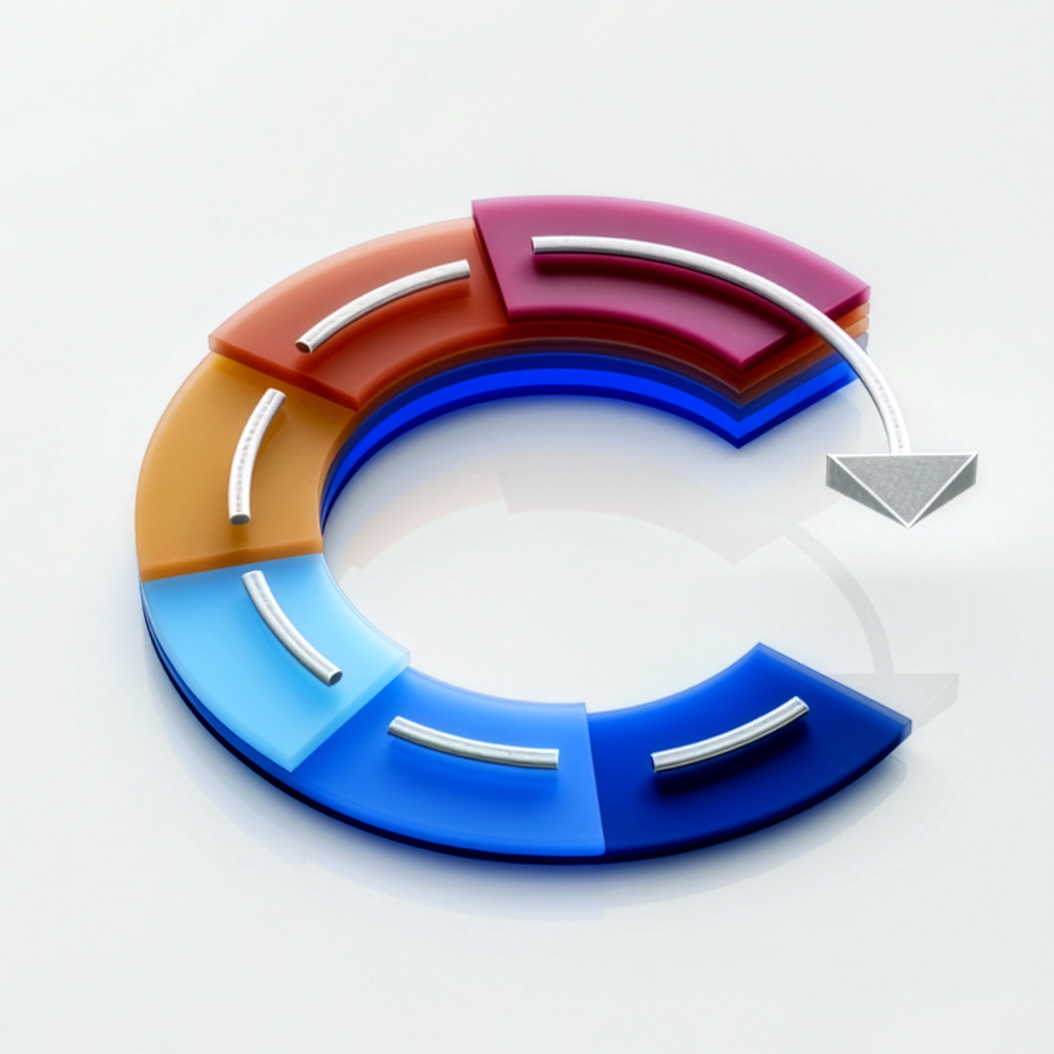 A multicolored segmented circular path with an arrow suggests a connected workflow or process cycle.