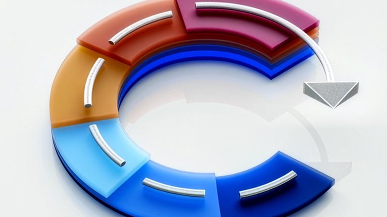 A multicolored segmented circular path with an arrow suggests a connected workflow or process cycle.