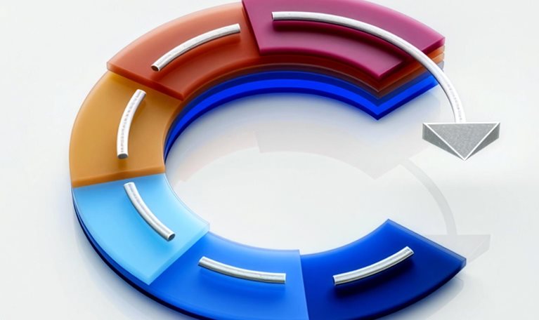 A multicolored segmented circular path with an arrow suggests a connected workflow or process cycle.