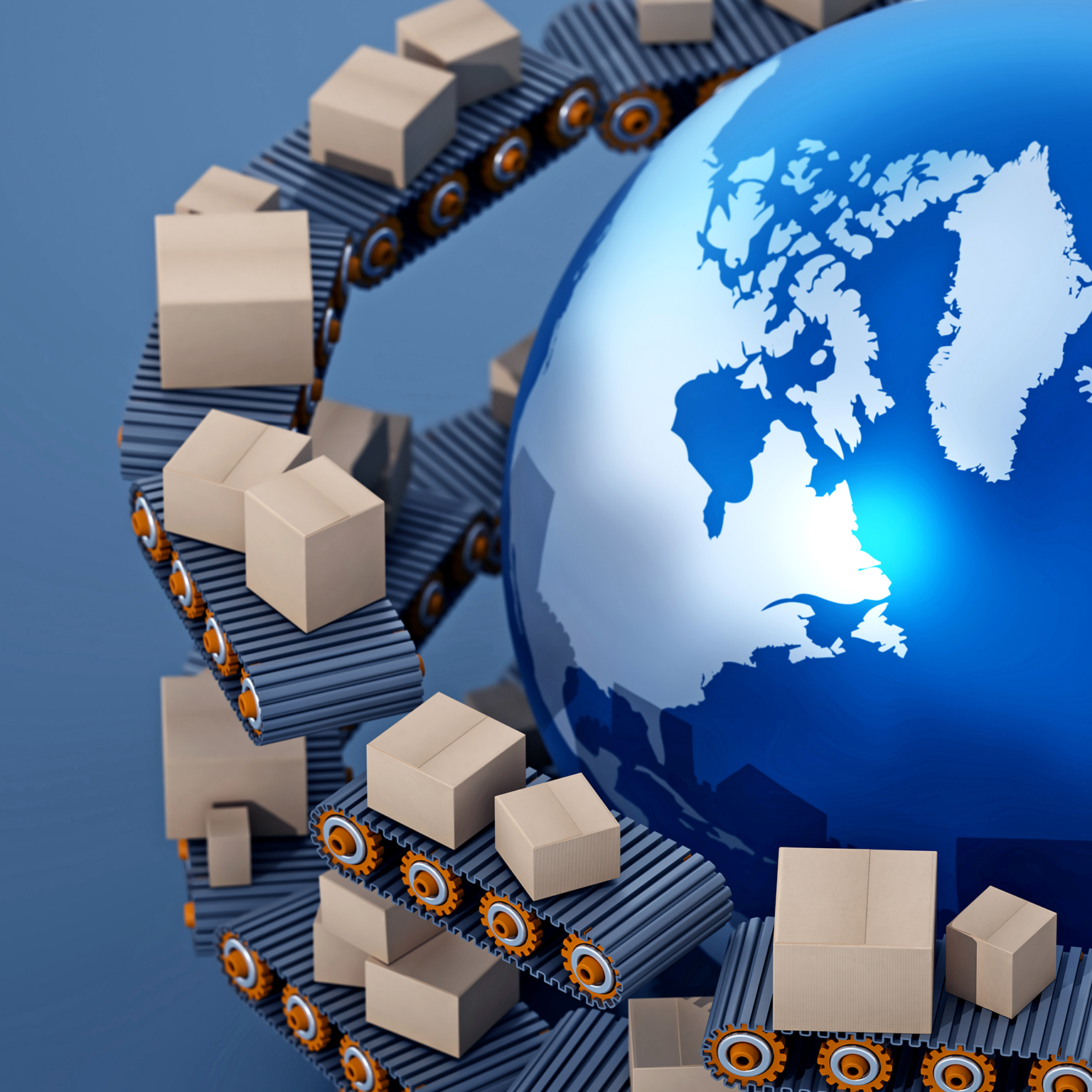 Two levels and dozens of small conveyor belts carrying packages on them circling a 3D image of Earth. Represents technology and global distribution