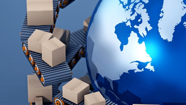 Two levels and dozens of small conveyor belts carrying packages on them circling a 3D image of Earth. Represents technology and global distribution