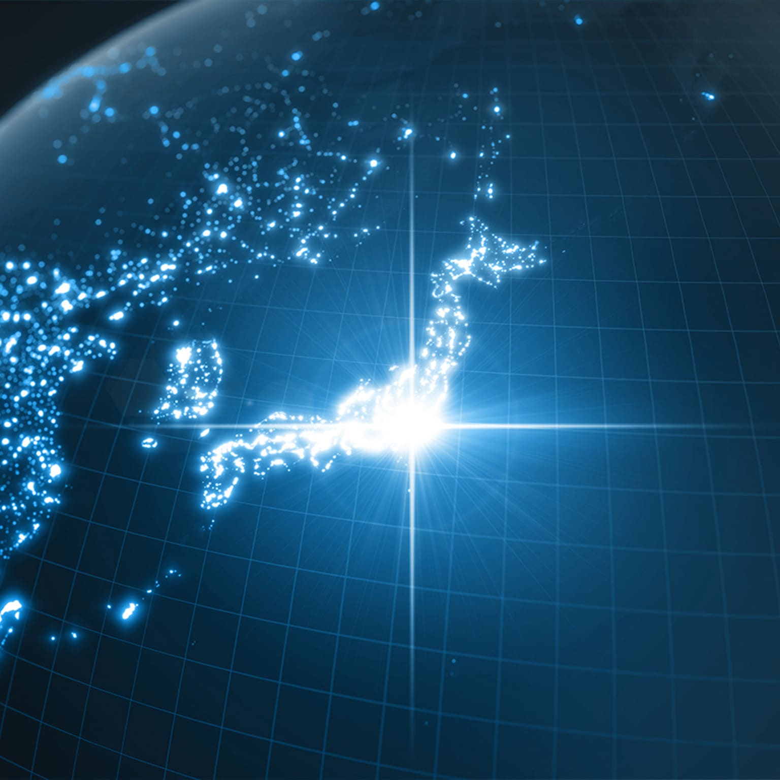 Power of Japan, energy beam on Tokyo. dark globe with illuminated cities and human density areas.