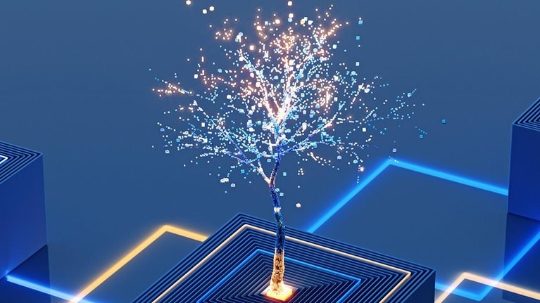 Glowing digital tree growing from a square platform, connected to other blocks by illuminated lines.