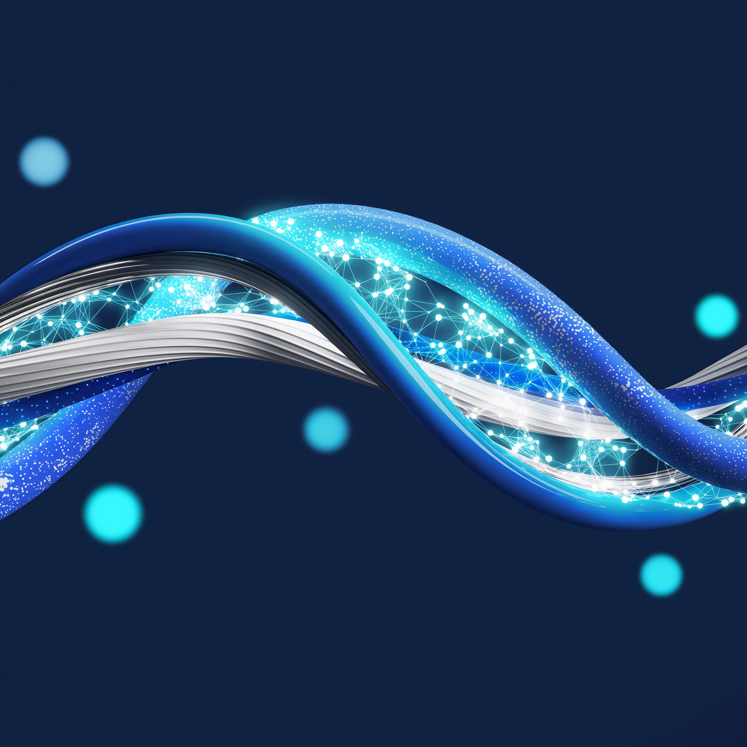 A futuristic abstract 3D composition of intertwined blue, cyan, and white wires set against a deep navy background. The wires are lightly spaced apart from each other and the gaps are filled with glowing interconnected nodes.  