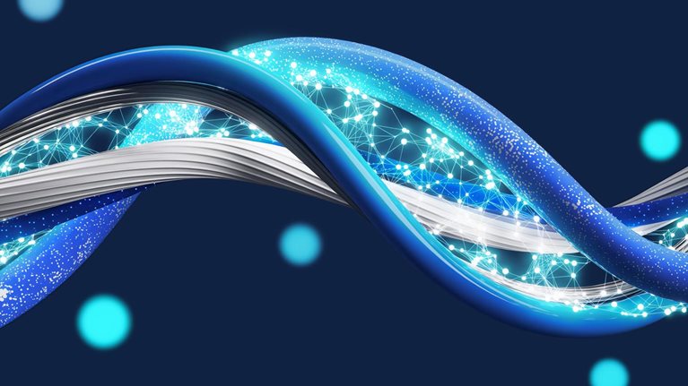 A futuristic abstract 3D composition of intertwined blue, cyan, and white wires set against a deep navy background. The wires are lightly spaced apart from each other and the gaps are filled with glowing interconnected nodes.