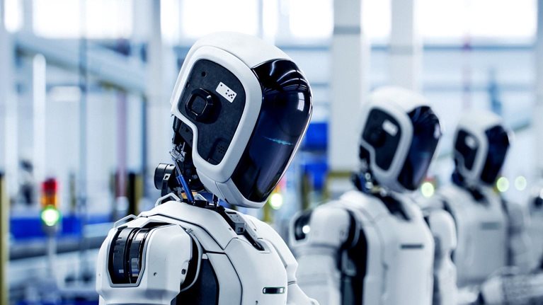 Row of modern humanoid robots working next to each other in a factory.