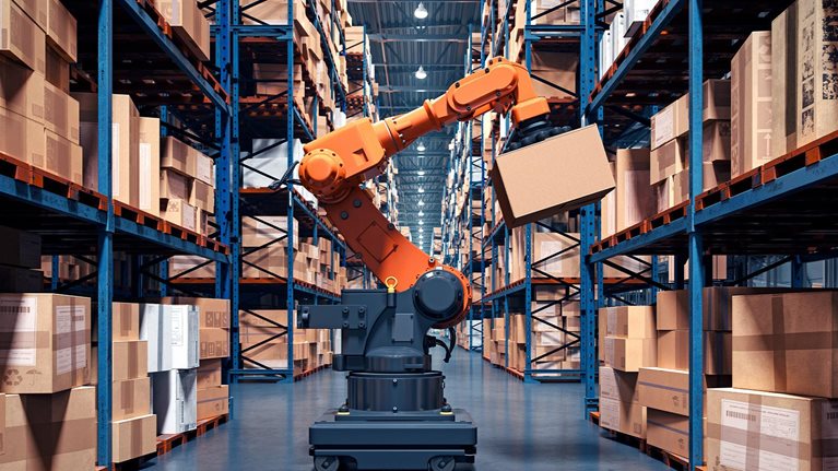 A high-tech warehouse featuring a robotic arm handling and organizing packages on industrial shelves.