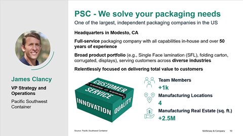 PowerPoint slide of August webinar featuring James Clancy, VP of Strategy & Operations at Pacific Southwest Container