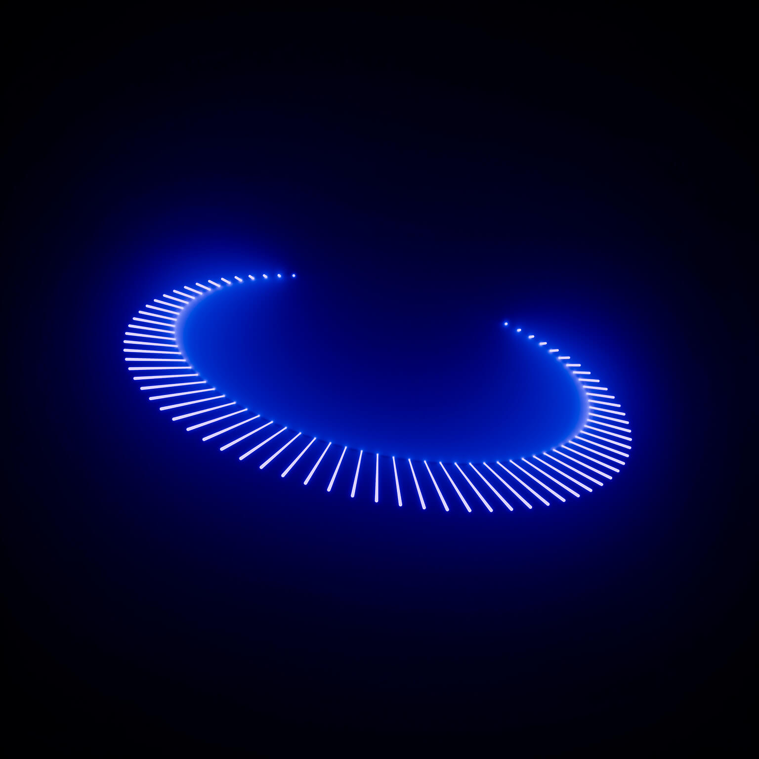 Abstract blue neon lights forming an incomplete circular shape on a dark background, creating a futuristic and technological atmosphere
