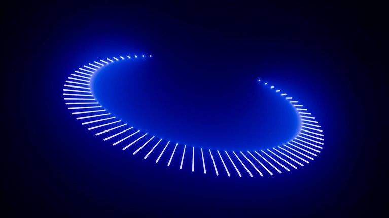 Abstract blue neon lights forming an incomplete circular shape on a dark background, creating a futuristic and technological atmosphere