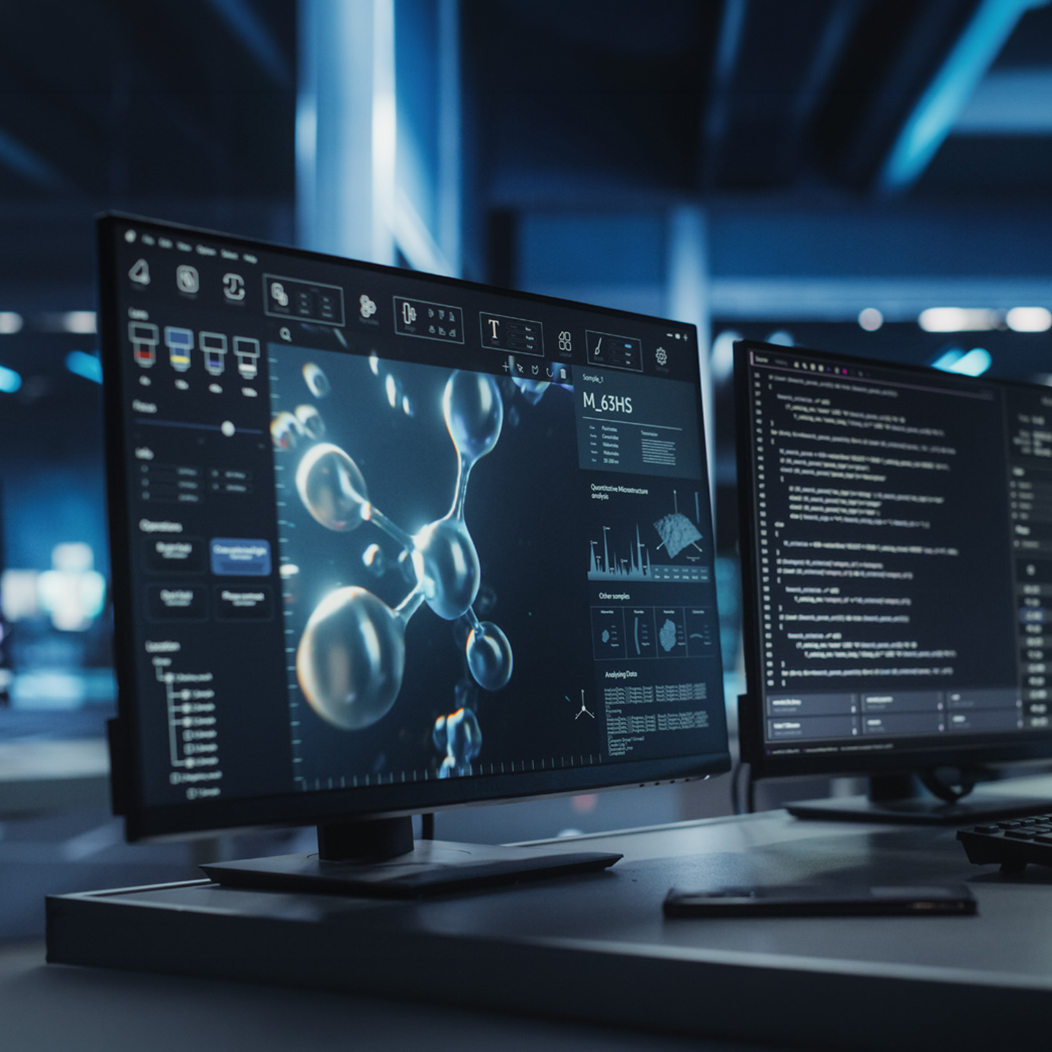  Anonymous Medical Researcher Working in Modern Office on a Desktop Computer with Molecular Modelling Software and Source Code on Screen. Biologist Designing New Drug Molecules to Combat Bacteria.