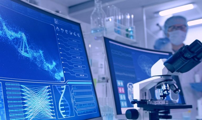 Futuristic laboratory equipment. Rear view of scientist during DNA research