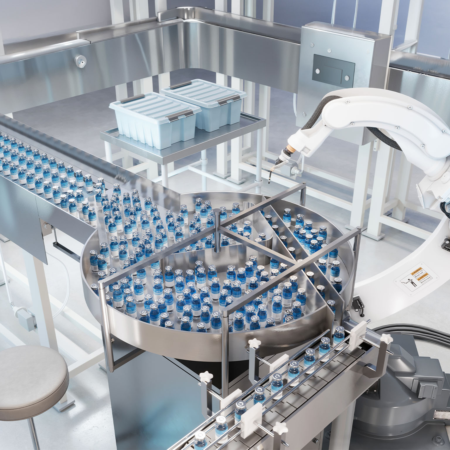 An automatic medicine manufacturing factory. Robotic arm working on medicine manufacturing production line.