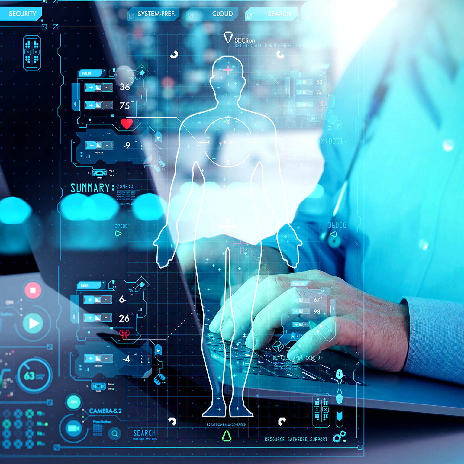 A futuristic medical interface displays a holographic human body and health metrics as a clinician works on a computer.