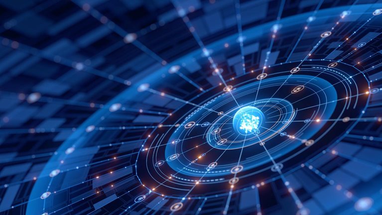 A vibrant blue abstract background features a glowing central sphere with connecting lines and circular patterns