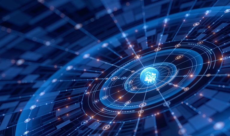 A vibrant blue abstract background features a glowing central sphere with connecting lines and circular patterns