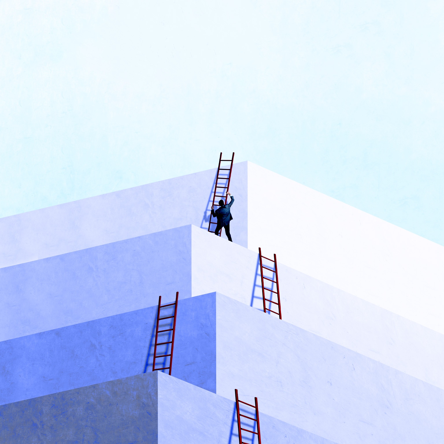 A person in business attire climbing a red ladder positioned against a series of large, white geometric blocks arranged like stepped platforms.