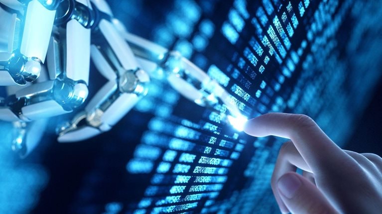 Digital generated image of robot's hand touching human's hand through transparent digital panel with numbers on black background