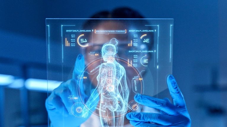 A small HUD showing a diagram of a human body and data with a doctor working with it.