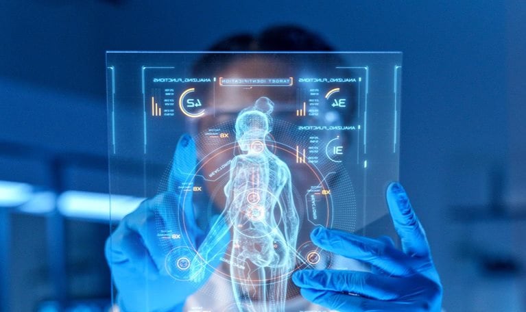A small HUD showing a diagram of a human body and data with a doctor working with it.