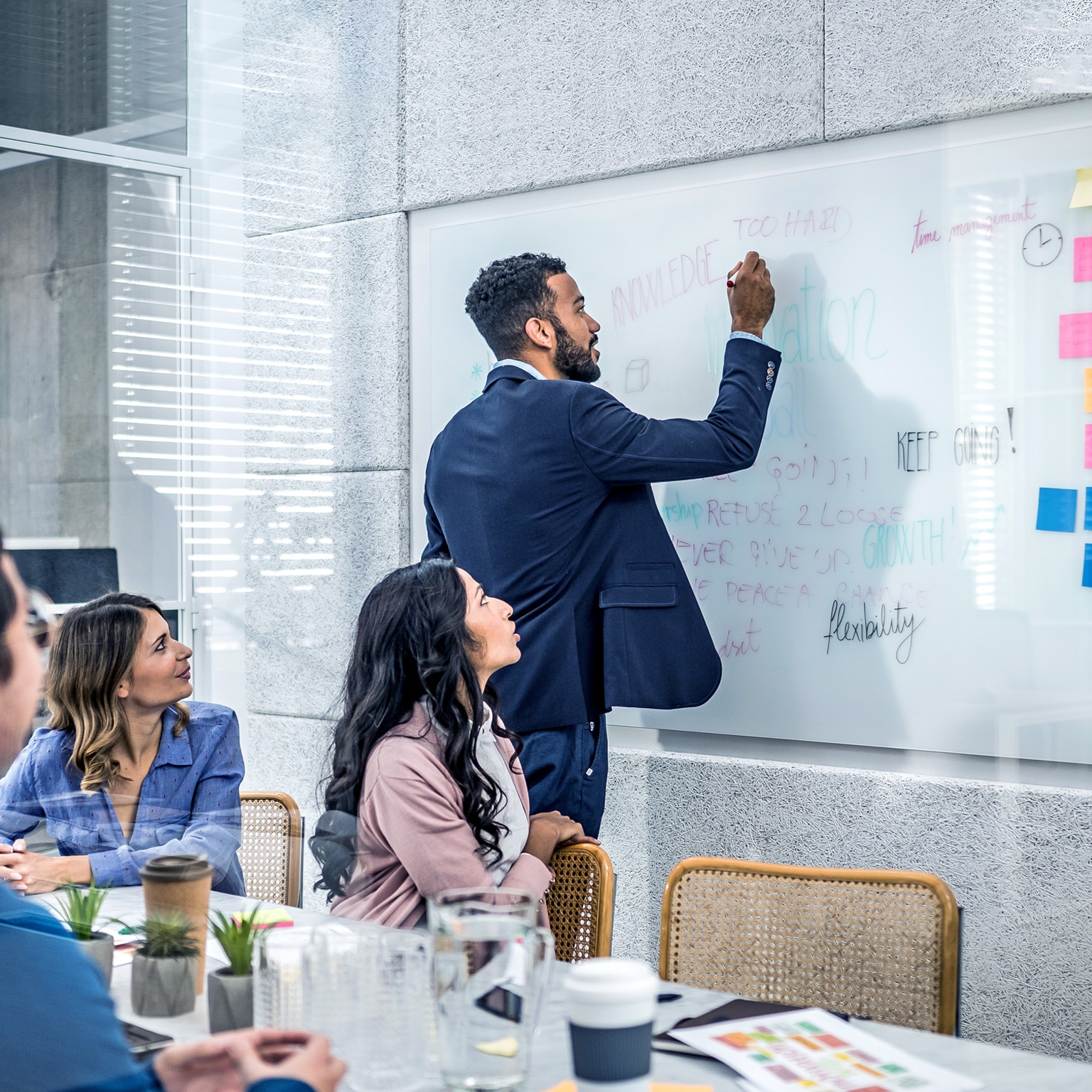Coworkers writing on whiteboard