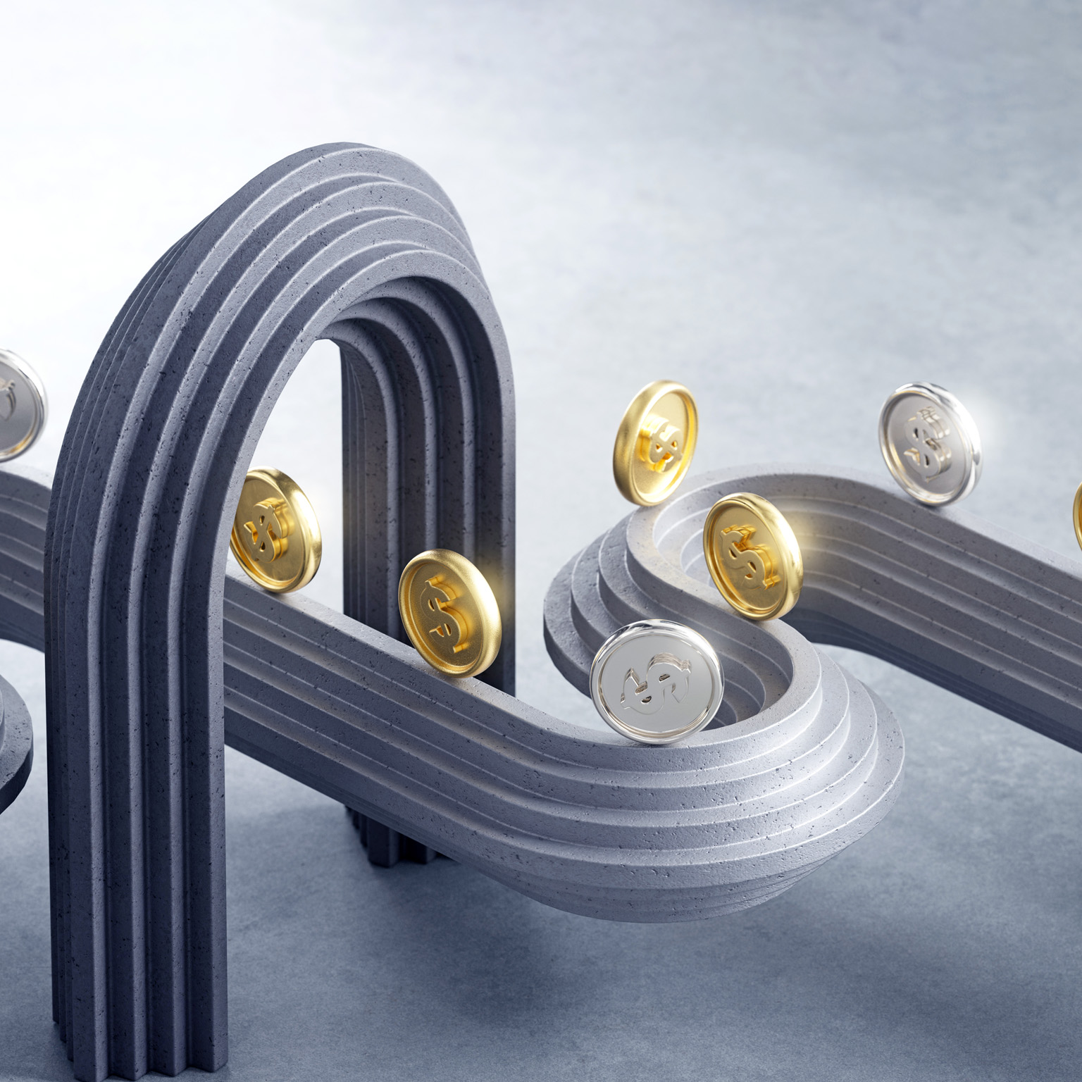 Gold and silver dollar coins traveling along a curved concrete track and passing through an abstract arch-like gateway