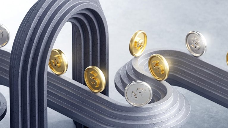 Gold and silver dollar coins traveling along a curved concrete track and passing through an abstract arch-like gateway