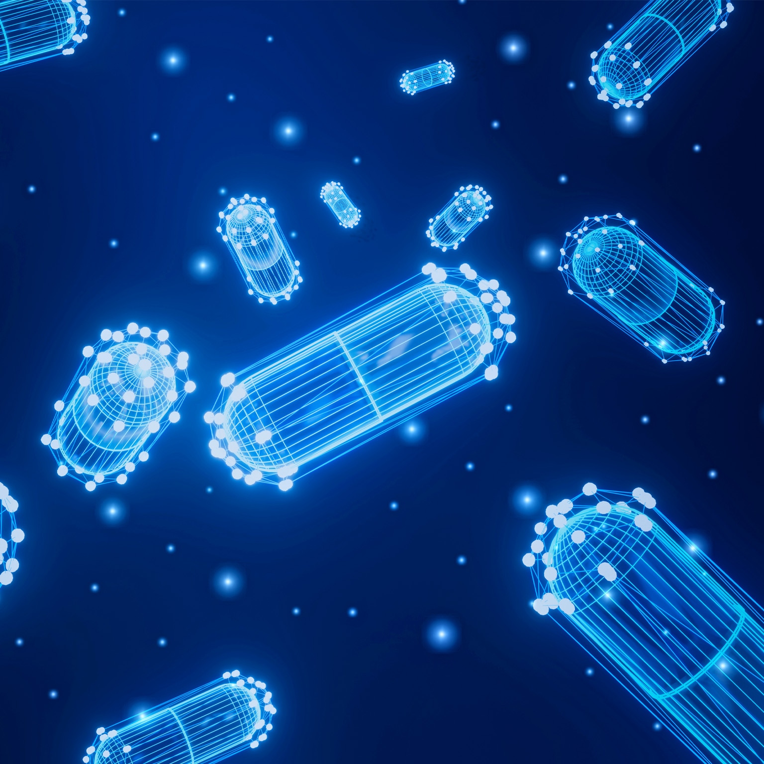 Abstract futuristic pills wireframe and capsule on glowing blue background