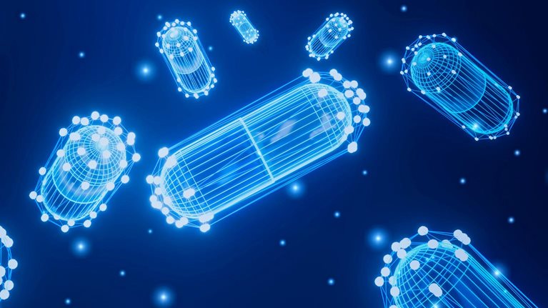 Abstract futuristic pills wireframe and capsule on glowing blue background