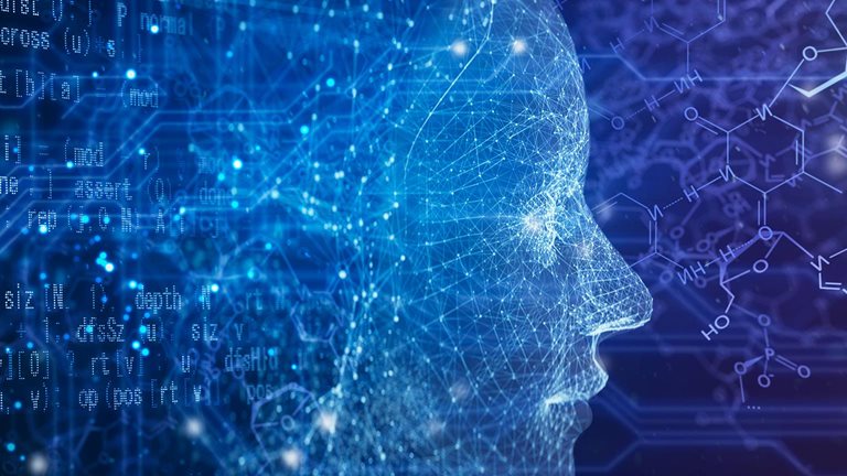 AI robot with circuit, chemical structure and program code on a black background.