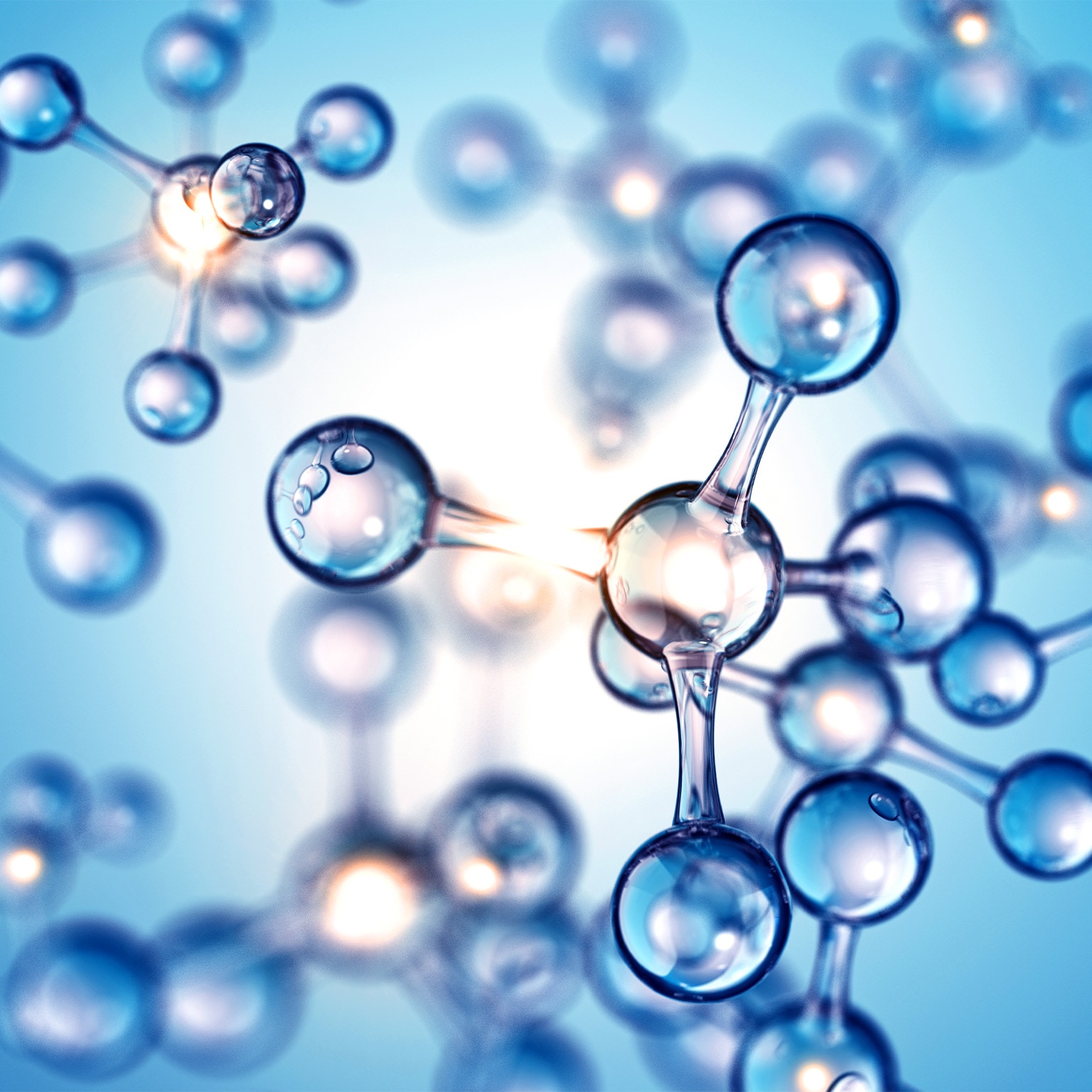 3d image of molecular structures lit from behind over a blue background.