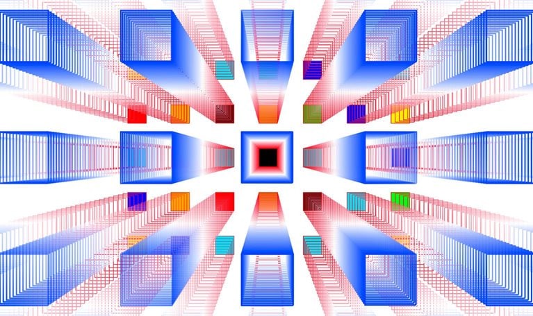 A multitude of transparent cubes with wireframe edges are arranged in a design that extends from the center of the image. The cubes, mostly in shades of blue and red, come together towards a dark square, creating a sense of organization within a vast number of cubes.