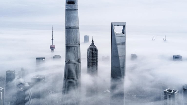 Foggy cityscape in China