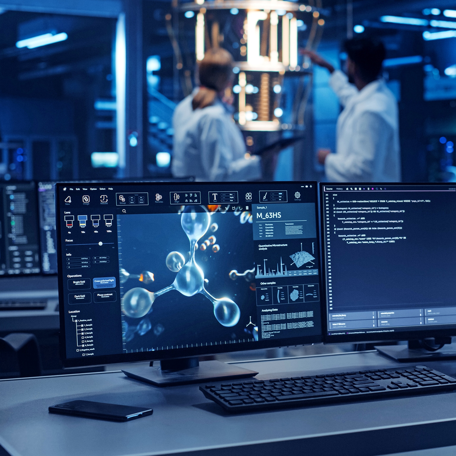 Laboratory with computers showing molecular modeling software and scientists working in the background